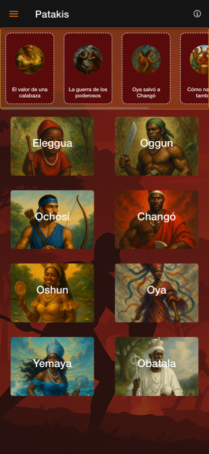Pantalla de patakíes e historias de Dilogún